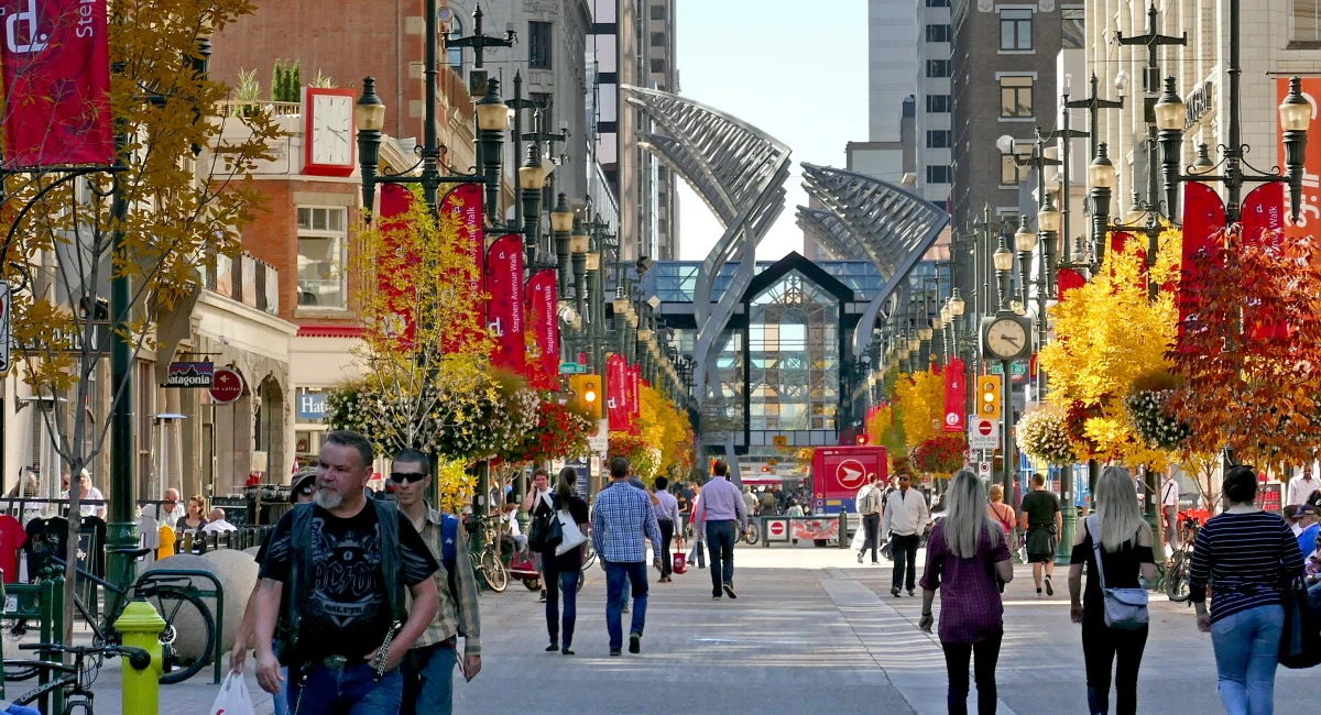 People enjoying Stephen Avenue in downtown Calgary