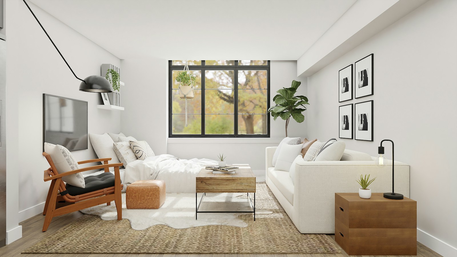 A light-filled living room with comfortable seating